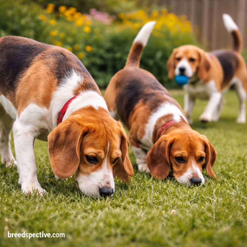 Beagle dogs sniffing the ground outdoors while playing, illustrating scent-driven behavior that can make house training more difficult.