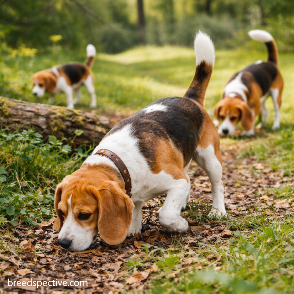 Beagle dogs scent hunting together outdoors, demonstrating the breed’s original purpose as skilled tracking hounds.