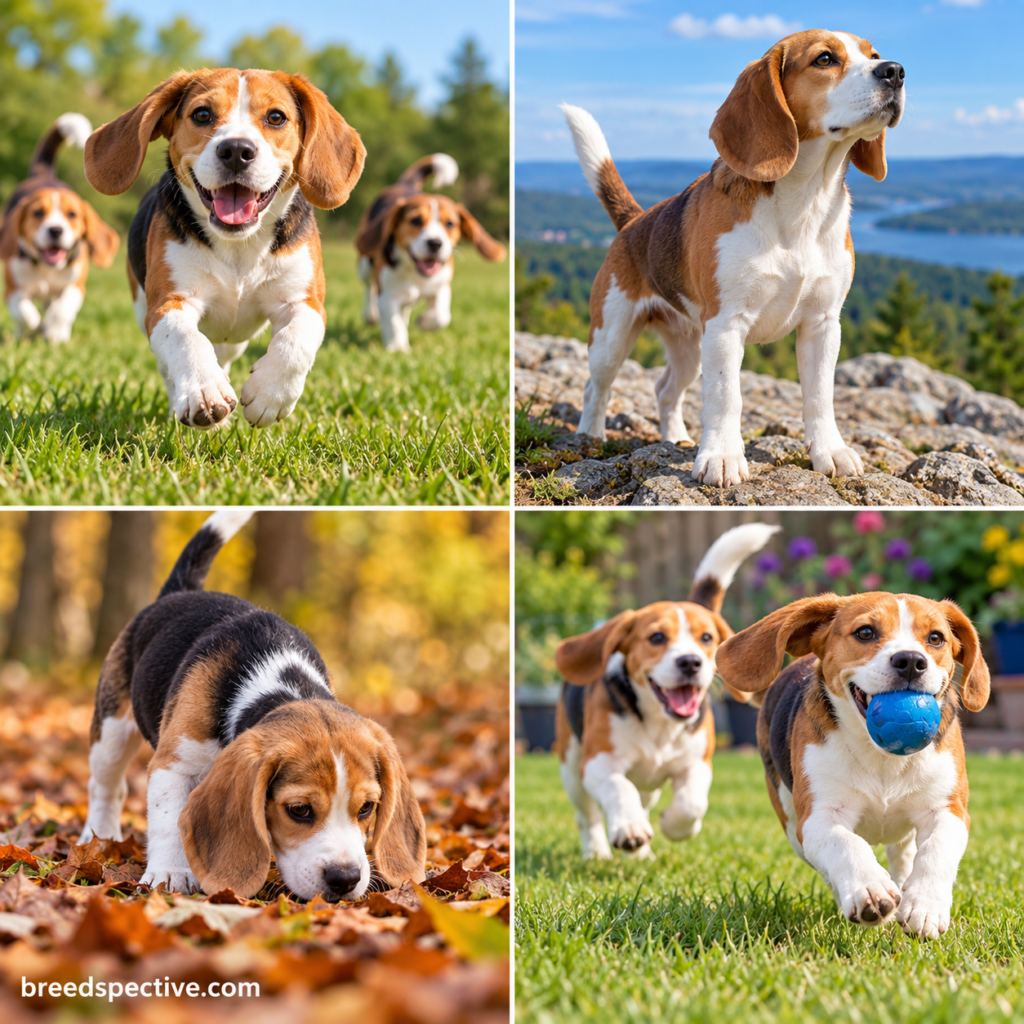 Beagles of different ages running, playing, exploring, and following scents outdoors.