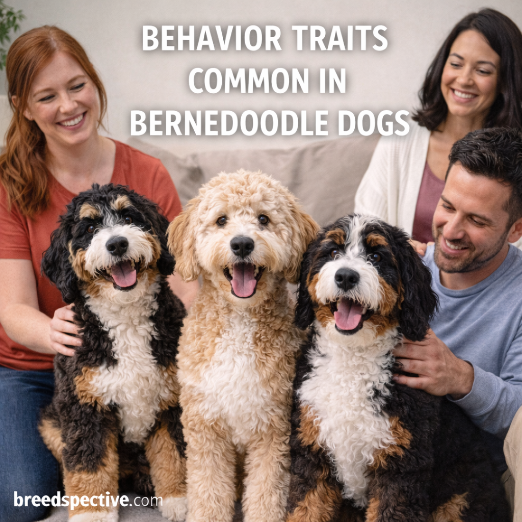 Bernedoodle dogs sitting indoors with owners, illustrating common behavior traits such as friendliness, intelligence, and social bonding.
