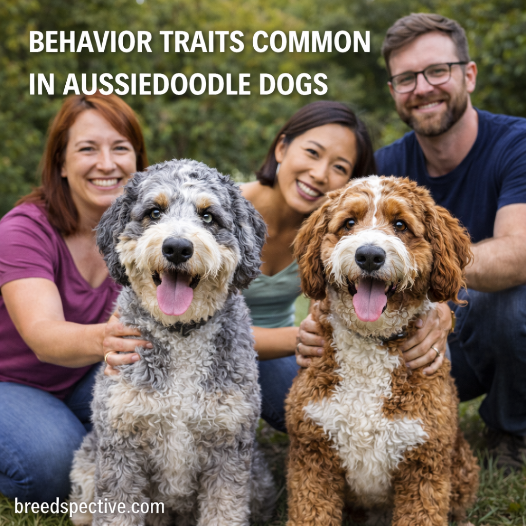 Aussiedoodle dogs with owners highlighting common behavior traits such as intelligence, sociability, and energy.