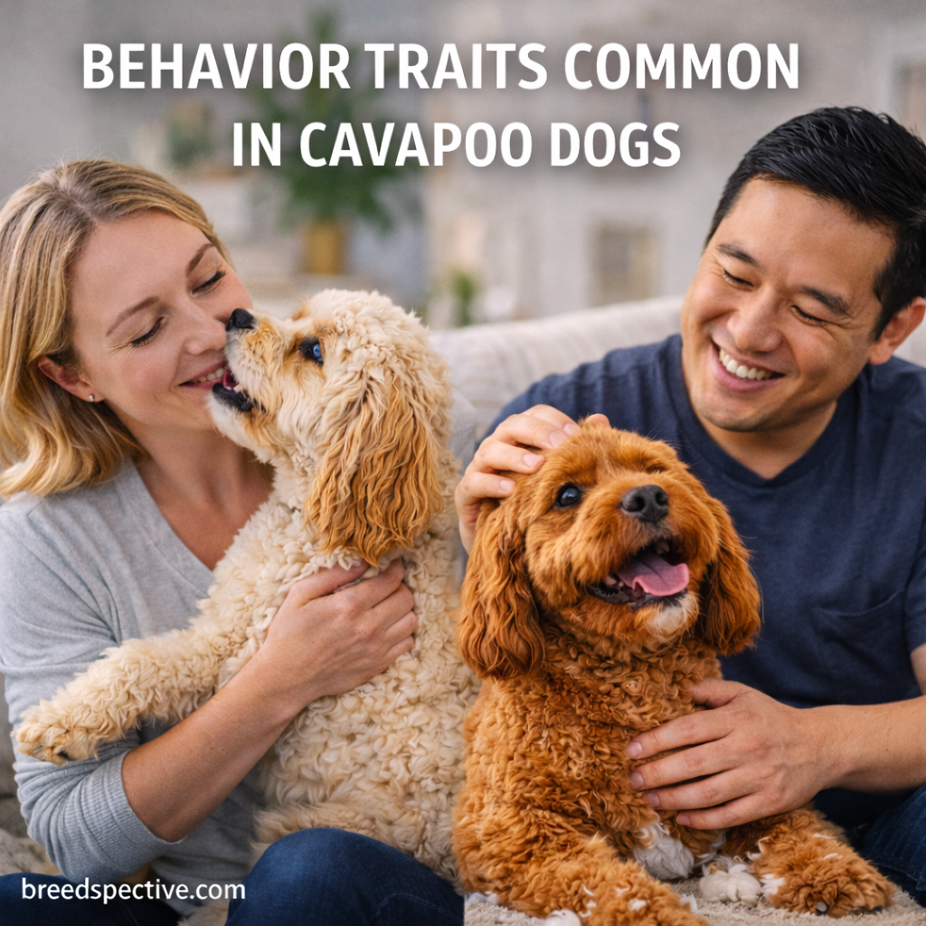 Cavapoo dogs with owners displaying affectionate and people-focused behavior traits.