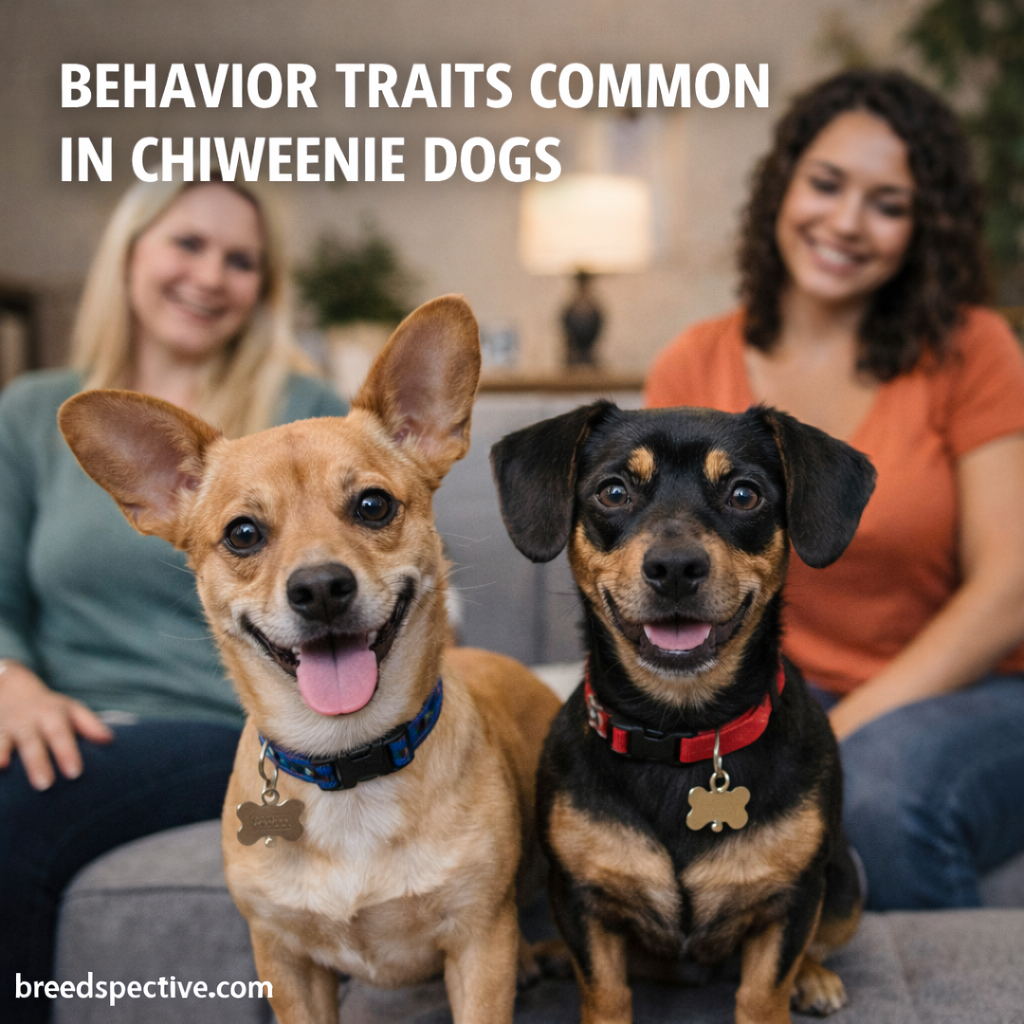 Chiweenie dogs sitting on a couch with adults behind them, illustrating common behavior traits such as alertness, confidence, and strong attachment.