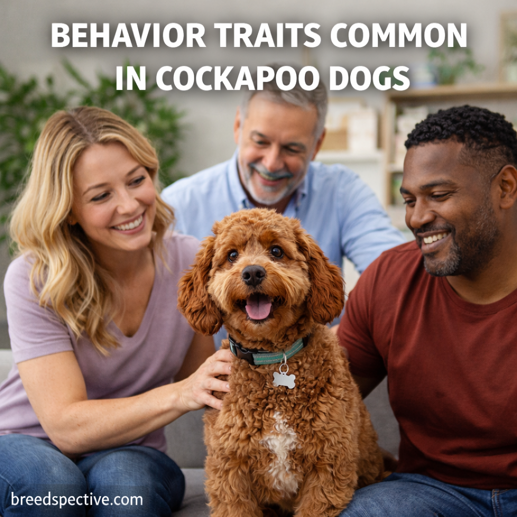 Cockapoo dog sitting with a diverse group of people indoors, illustrating the breed’s friendly, social, and people-oriented behavior traits.