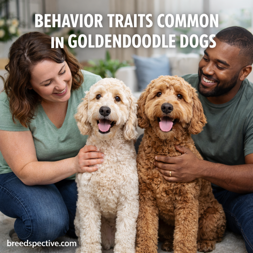 Goldendoodle dogs with owners, showing friendly, social, and affectionate behavior traits common to the breed.