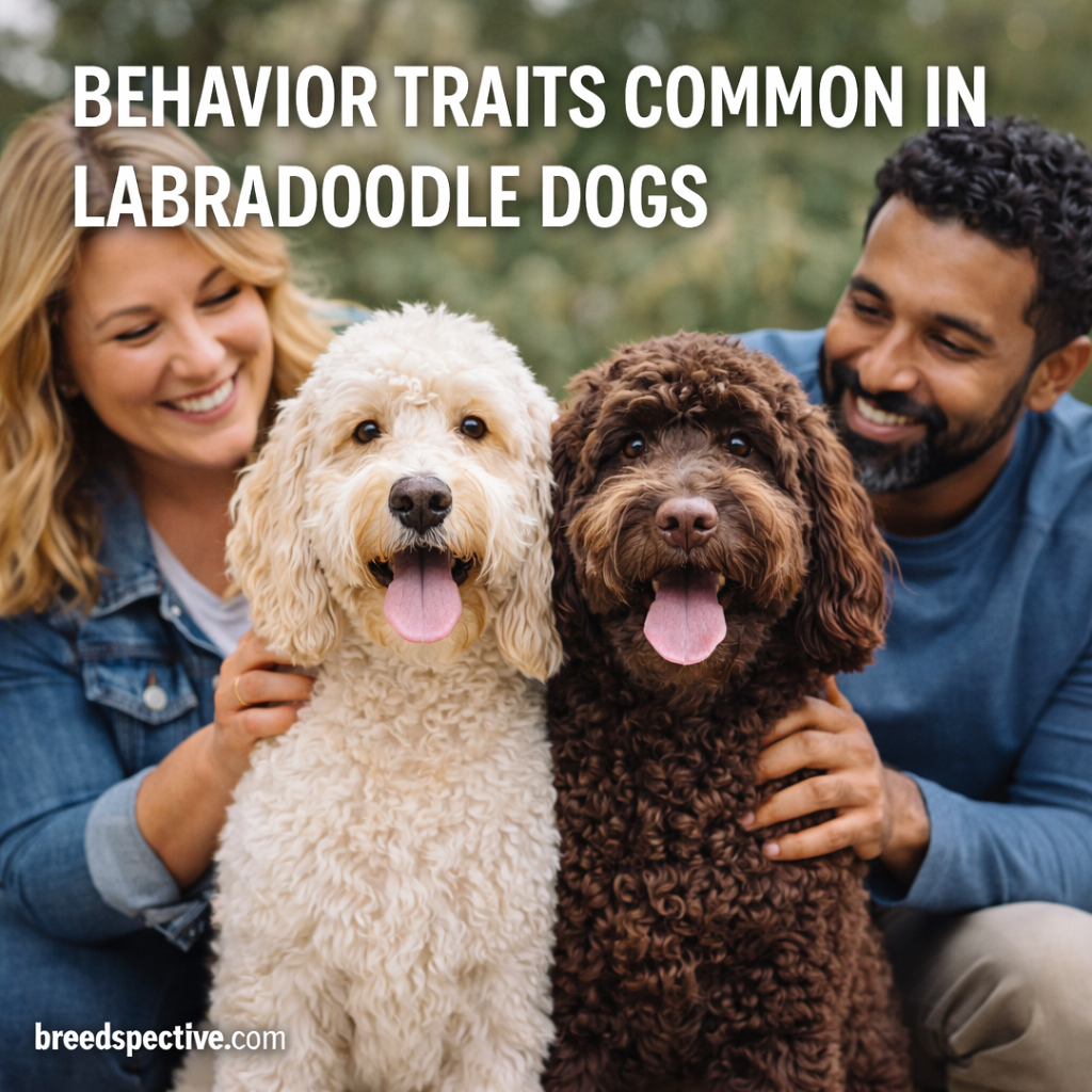 Labradoodle dogs with owners outdoors, illustrating common behavior traits such as friendliness, intelligence, and social nature.