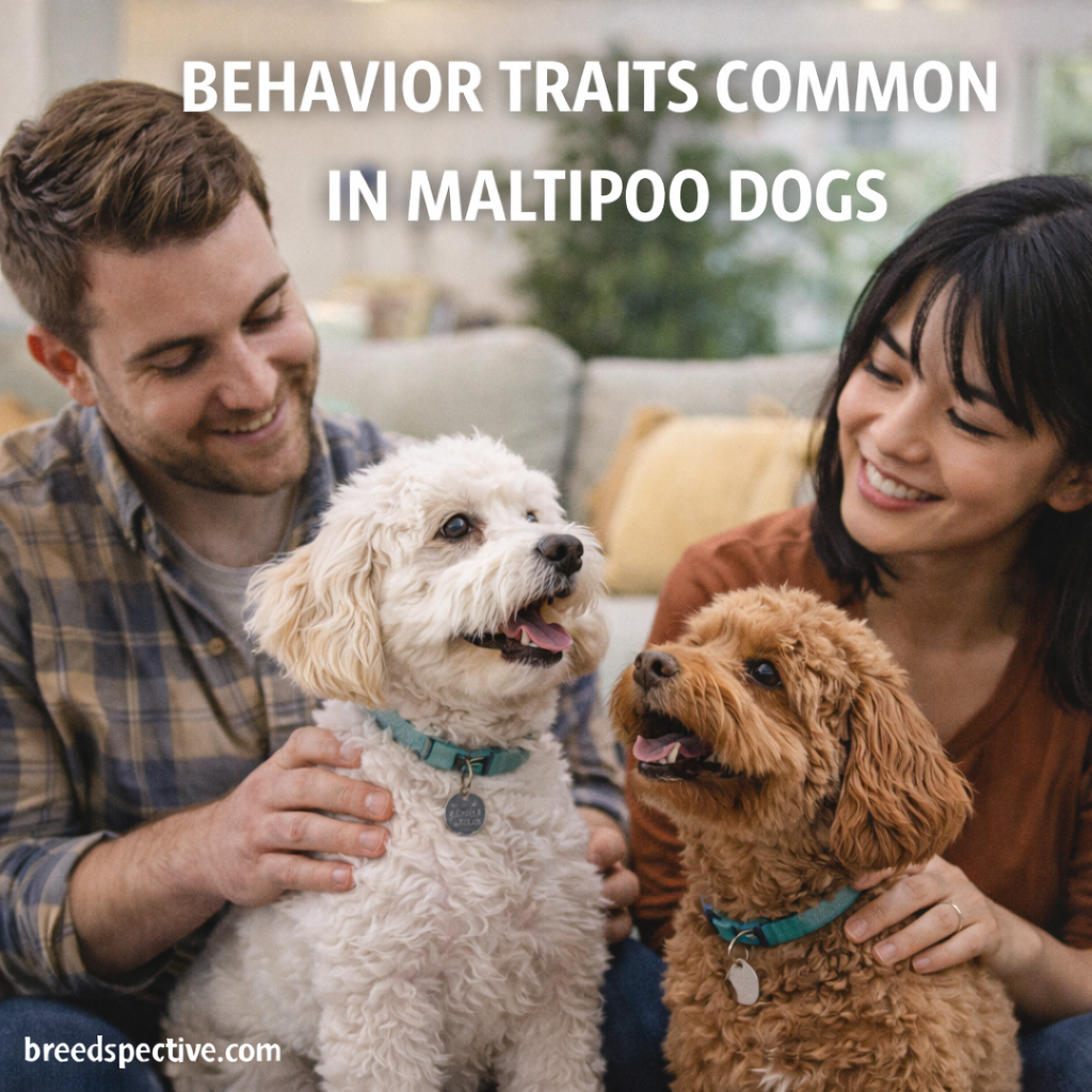 Maltipoo dogs interacting with their owners indoors, showing affectionate and social behavior traits.
