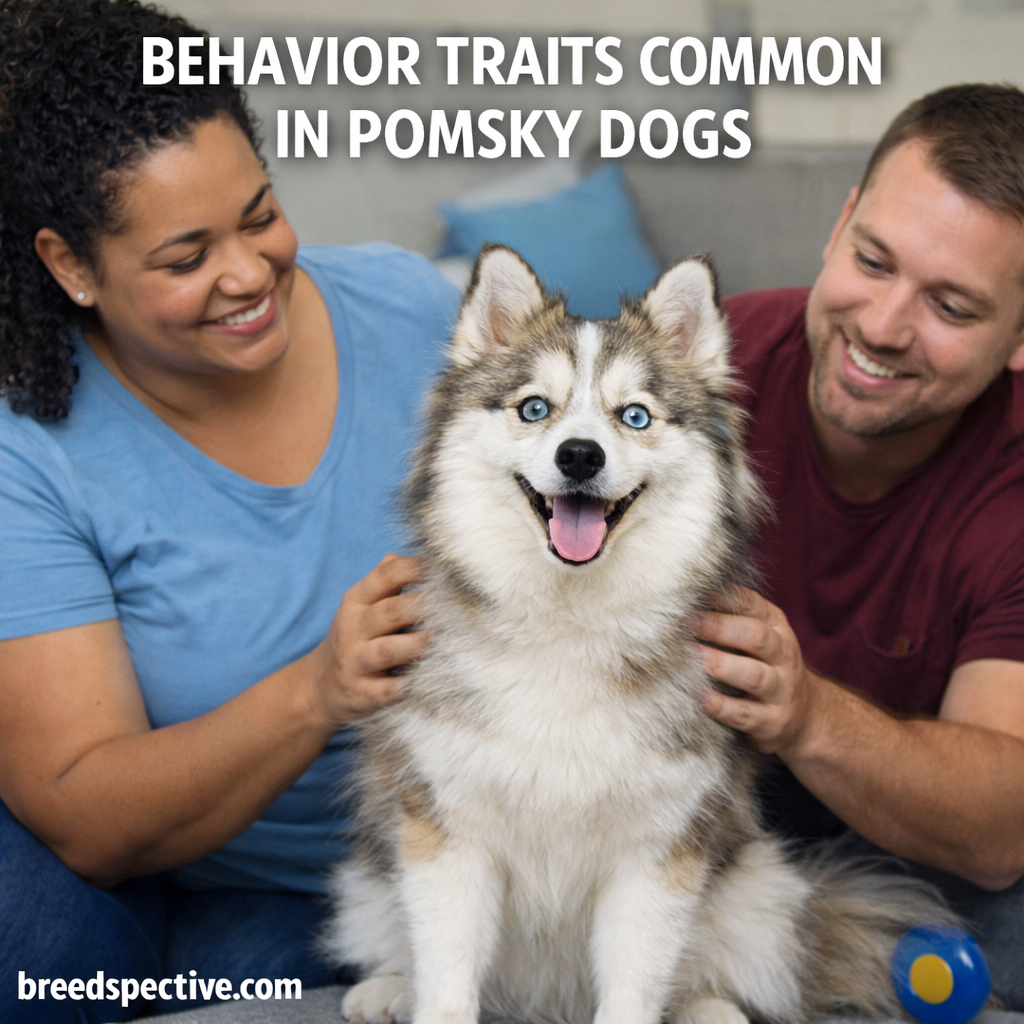 Pomsky dog with a fluffy coat and blue eyes sitting between two adults indoors, showing friendly and social behavior traits.
