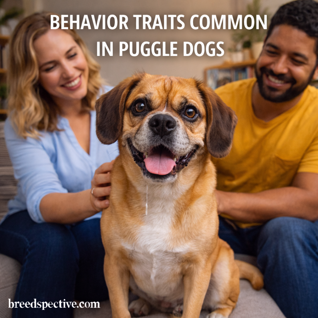 Puggle sitting indoors with owners, highlighting common behavior traits such as friendliness and affection.