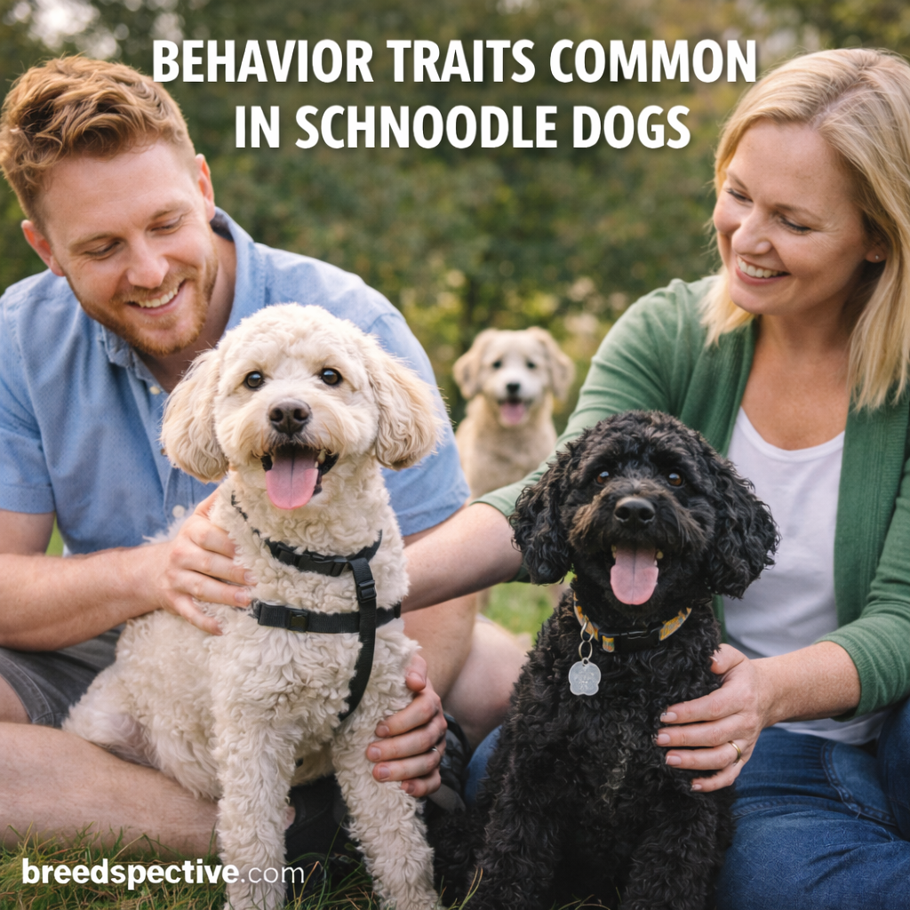 Schnoodle dogs sitting with owners outdoors, showing friendly behavior, intelligence, and social temperament common in the breed.