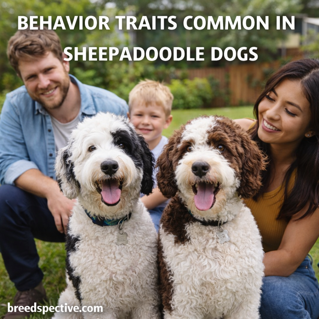Sheepadoodle dogs sitting with their owners outdoors, illustrating common behavior traits such as friendliness, intelligence, and social bonding.