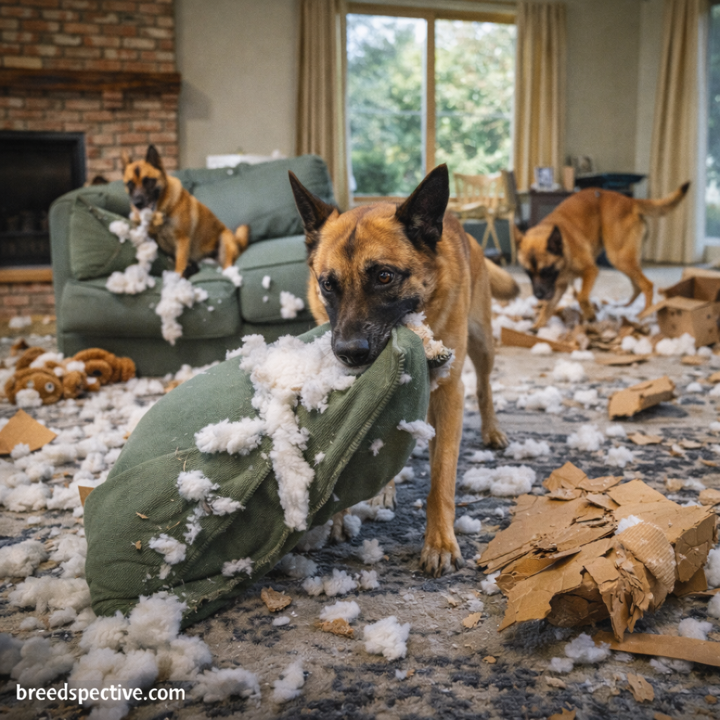 Belgian Malinois dogs destroying household items indoors, showing destructive behavior caused by understimulation.