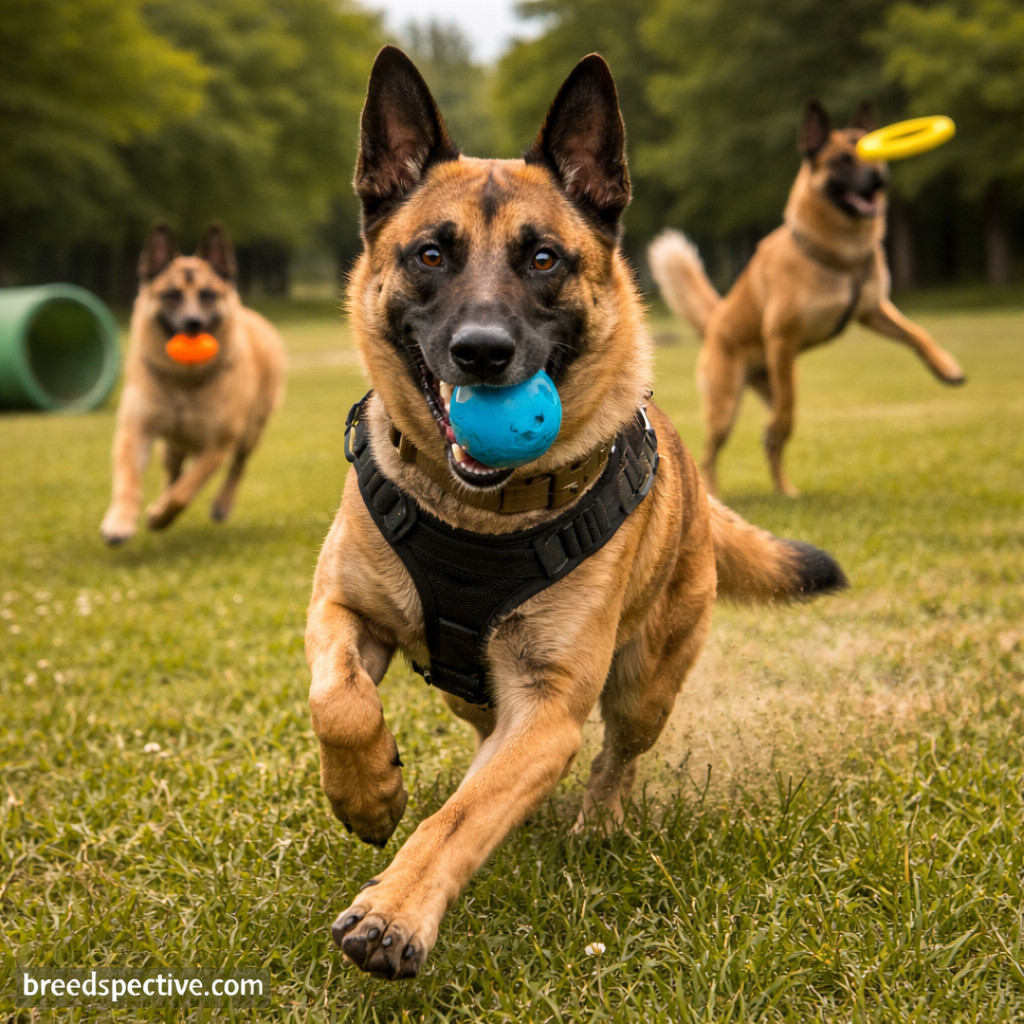 Belgian Malinois dogs of different ages running and playing outdoors, demonstrating the breed’s extremely high energy level.