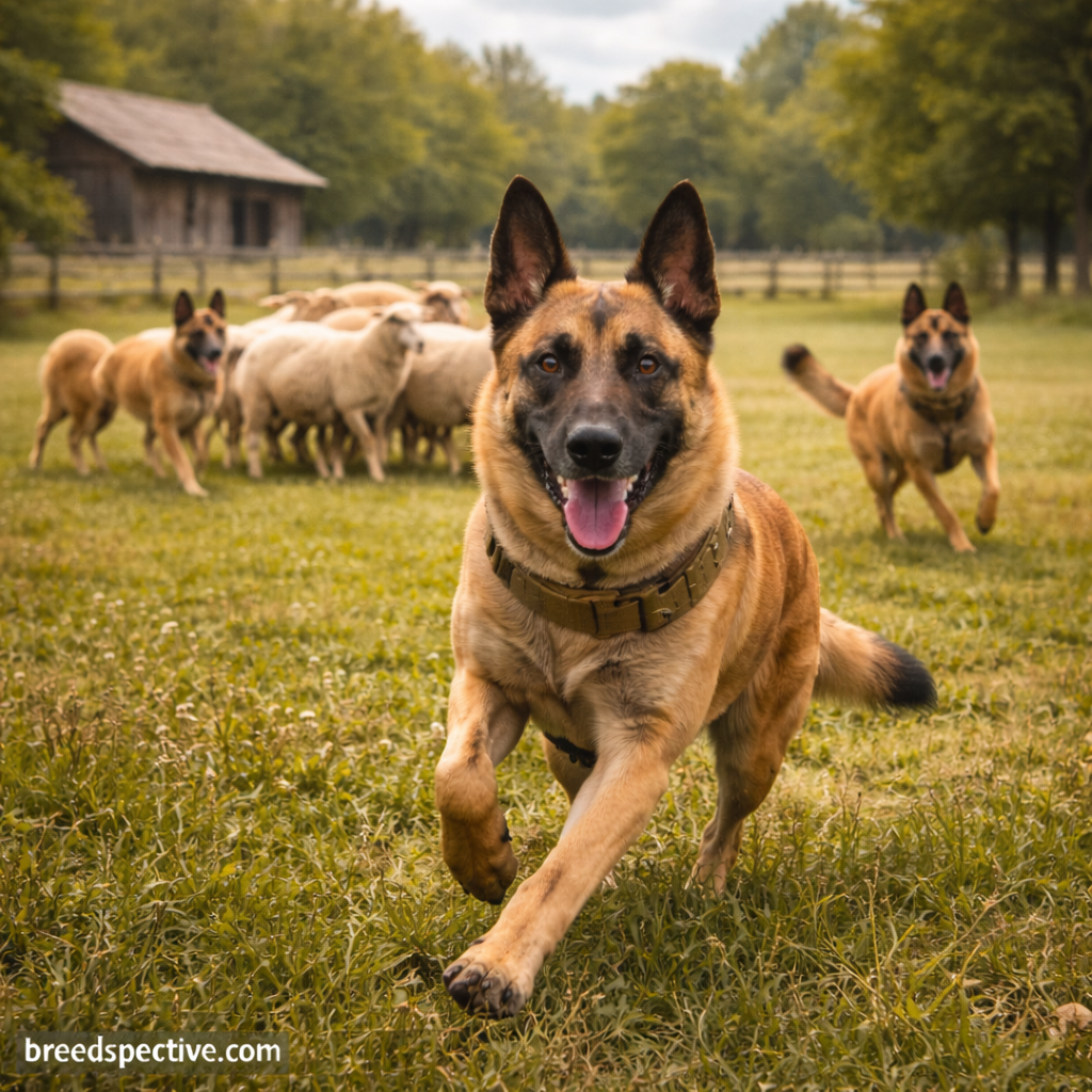 Belgian Malinois dogs herding sheep in a rural setting, showing the breed’s original working purpose.