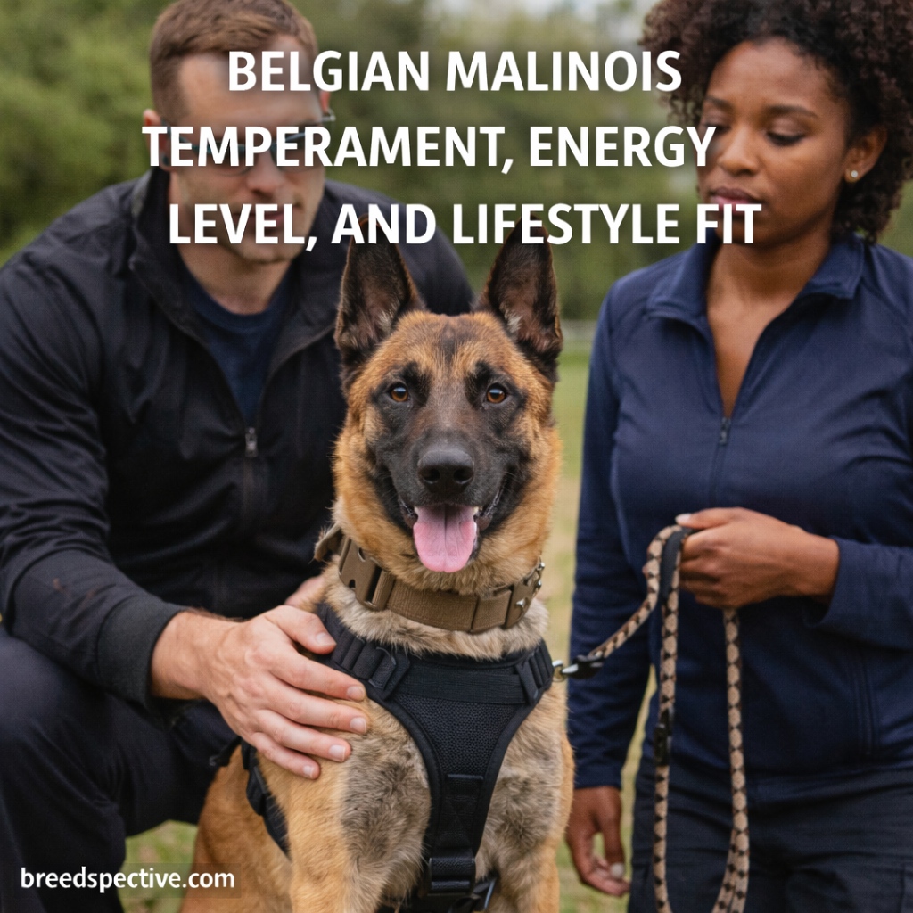 Belgian Malinois with handlers outdoors, showing the breed’s alert temperament, high energy, and working lifestyle.