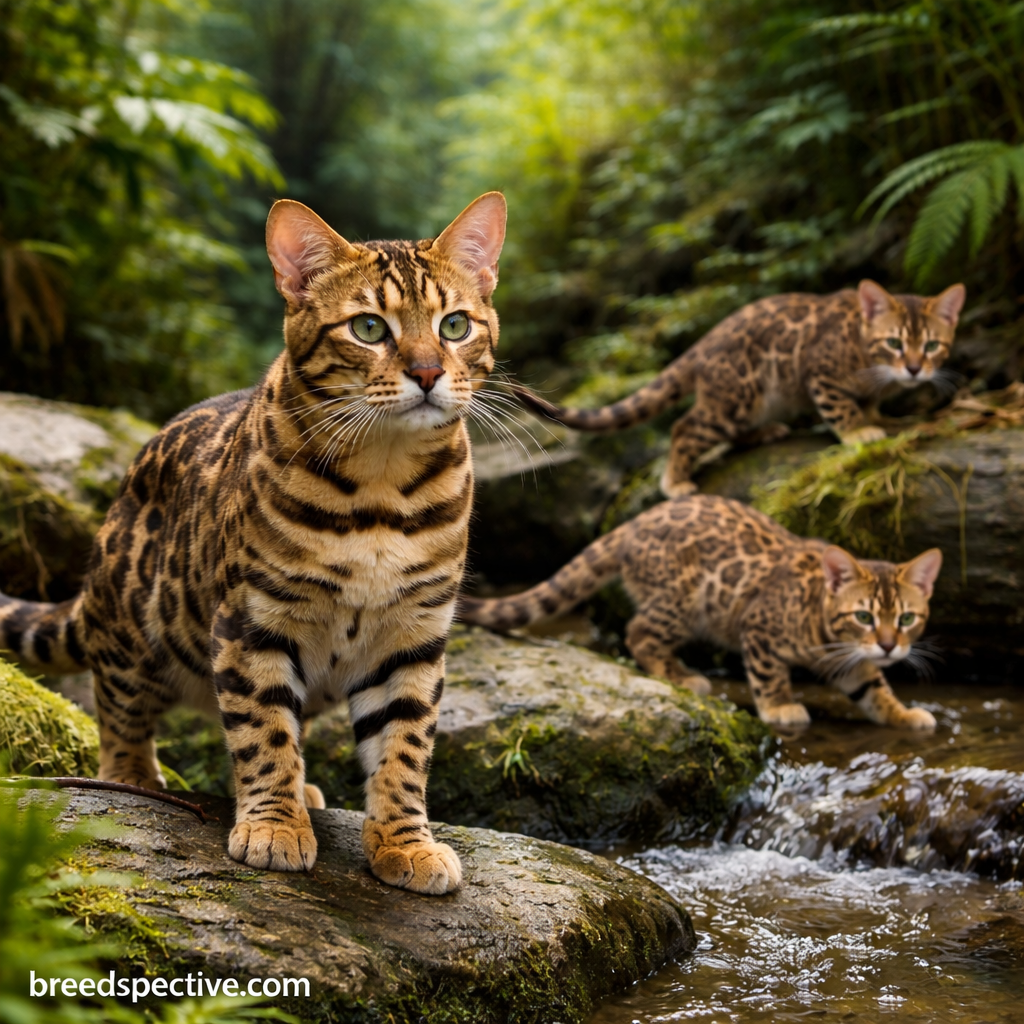 Bengal cats of different ages playing together, reflecting the breed’s wild ancestry and early development.