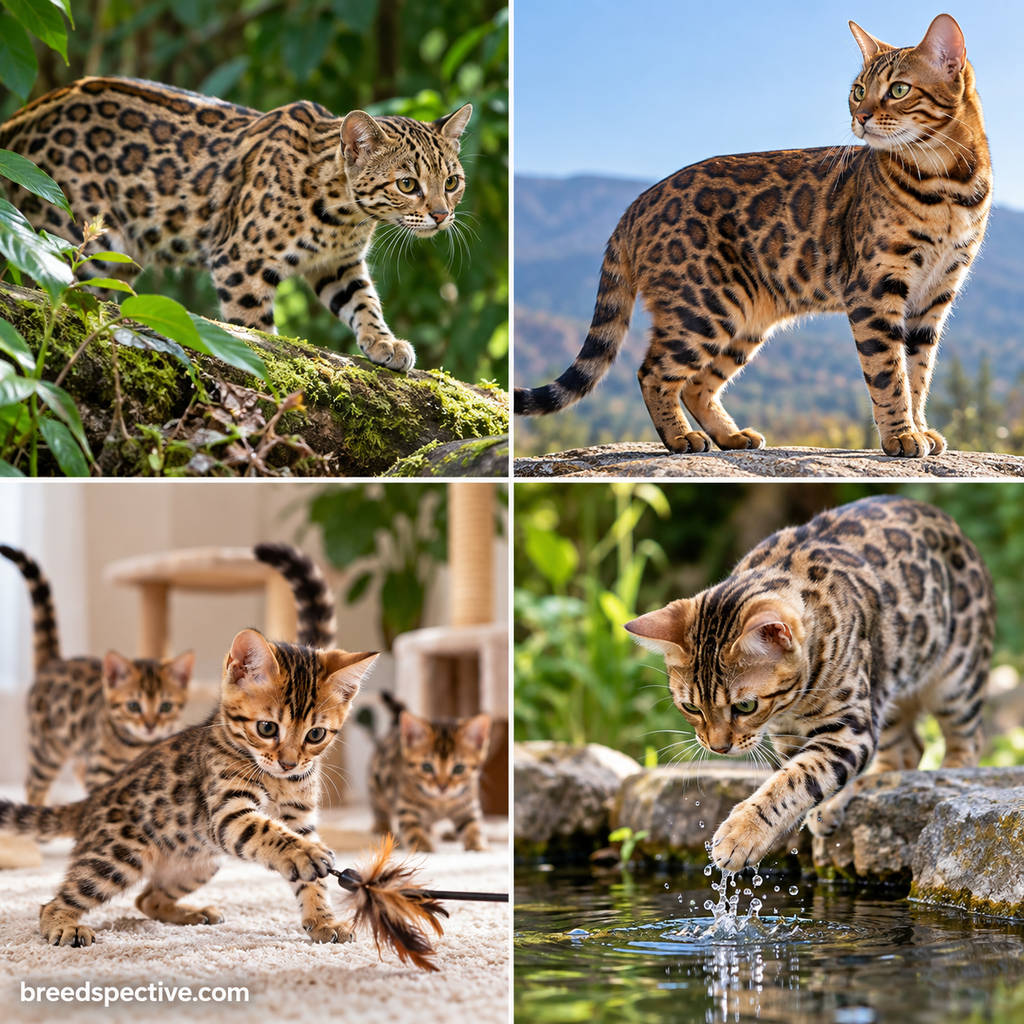 Bengal cats showing their athletic build, playful personality, spotted coat, and active behavior