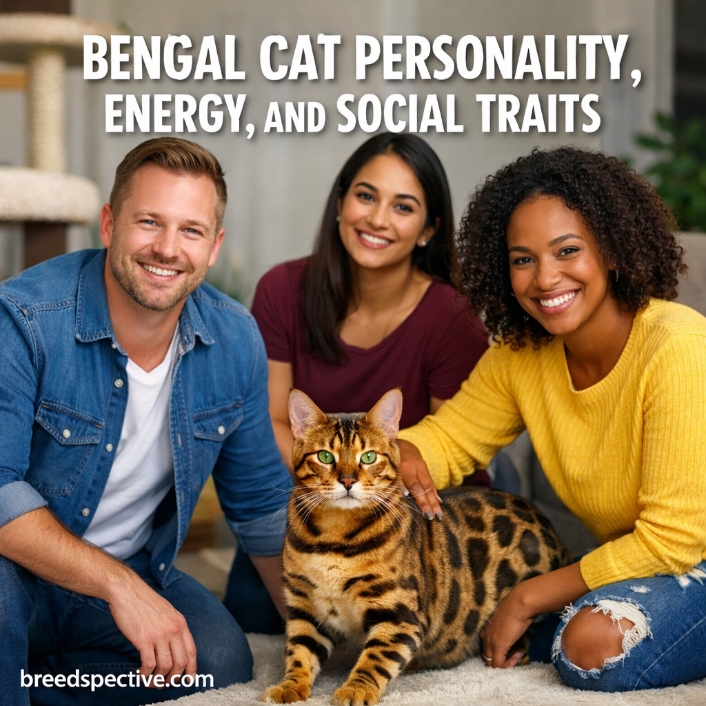 Bengal cat with owners showing the breed’s energetic, social, and confident personality traits.