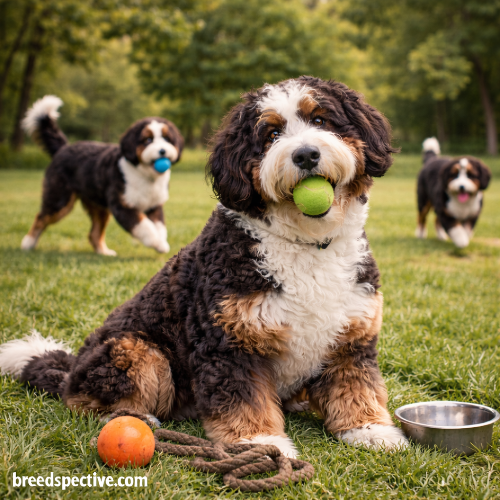 Bernedoodles of different ages playing outdoors with toys, showing daily exercise needs and moderate energy levels.