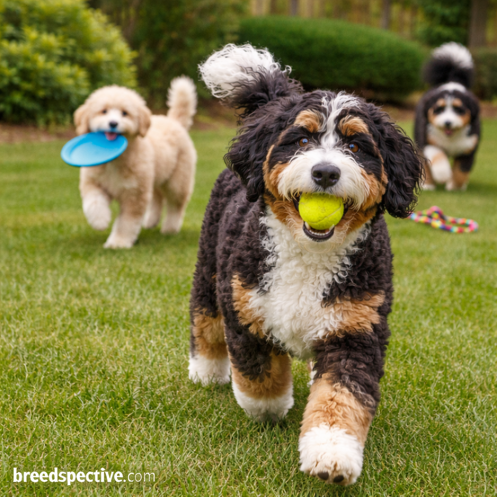 Bernedoodle dogs playing outdoors with toys, showing energetic and social behavior traits.