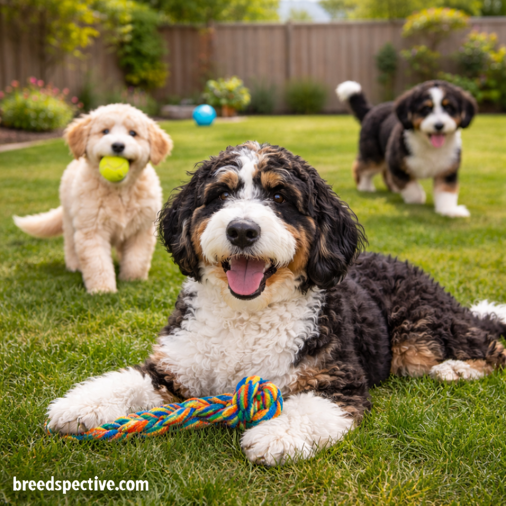 Bernedoodles of different ages playing together outdoors, showing the breed’s friendly temperament and moderate energy level.