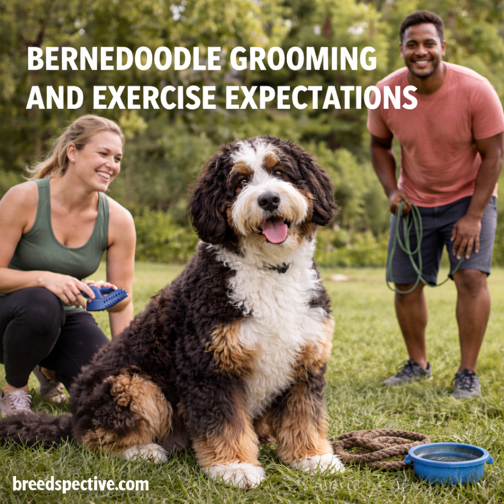 Bernedoodle sitting outdoors with people, showing coat grooming needs, exercise routines, and an active lifestyle.