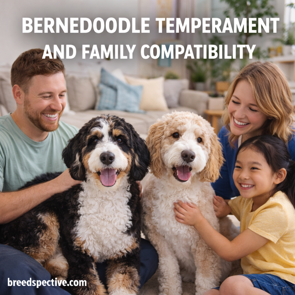 Bernedoodles with a family indoors, showing the breed’s friendly temperament and strong compatibility with children and family life.