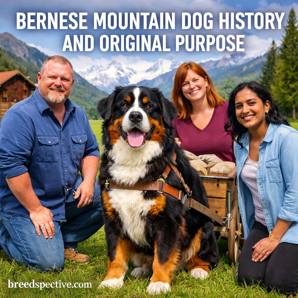 Bernese Mountain Dog wearing a draft harness with people beside it in a rural alpine setting, representing the breed’s historical working role.