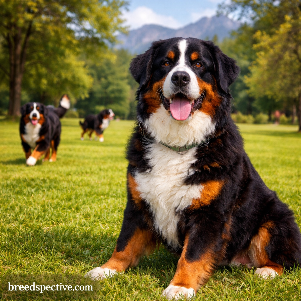 Bernese Mountain Dog sitting on grass with other Bernese Mountain Dogs playing in the background outdoors.