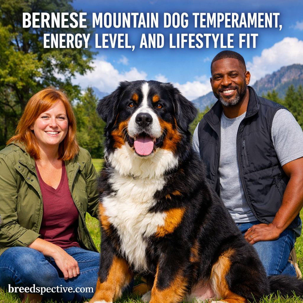 Bernese Mountain Dog sitting outdoors with owners, showcasing temperament, energy level, and lifestyle fit.