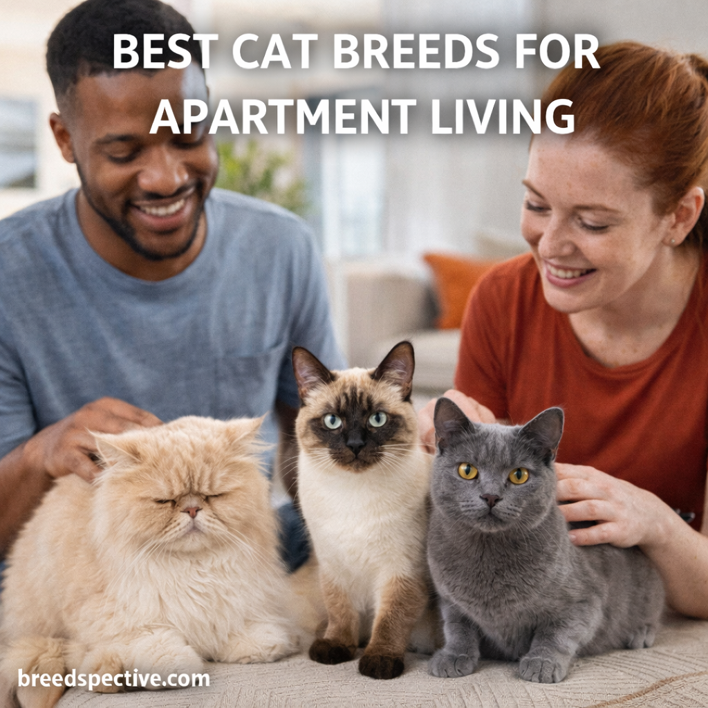 Apartment residents with calm cat breeds indoors, illustrating the best cat breeds suited for apartment living.