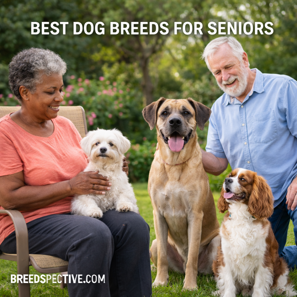 Senior adults spending time with calm dog breeds outdoors, showing companionship and low-energy dogs ideal for seniors.