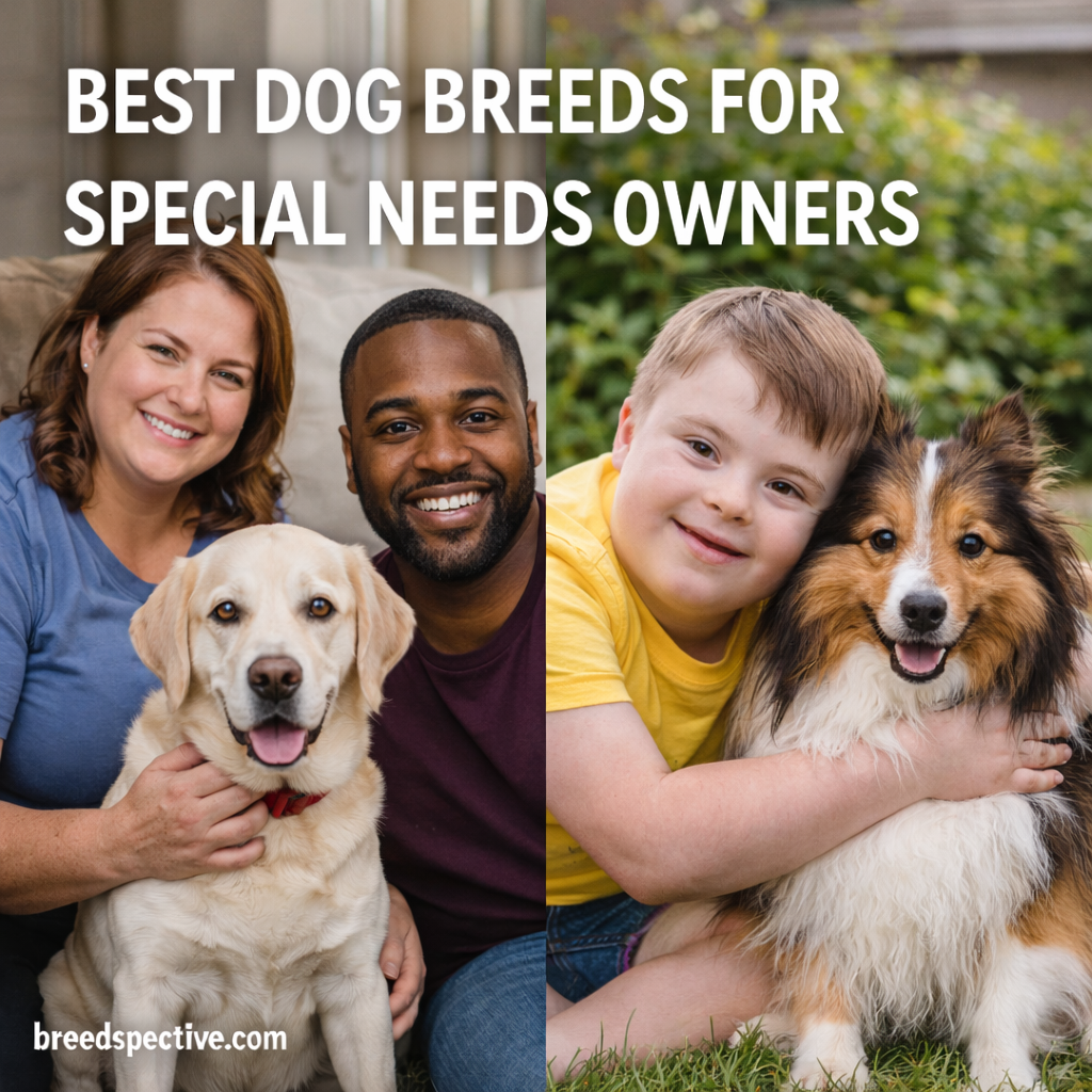 Special needs owners with calm, gentle dog breeds, illustrating ideal owner-breed matching for emotional support and daily companionship.