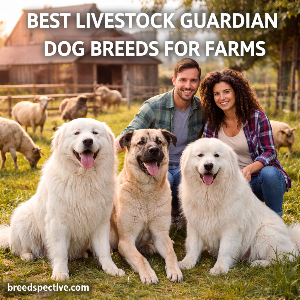 Livestock guardian dogs with farmers on a rural farm, protecting sheep and goats in a working farm environment.