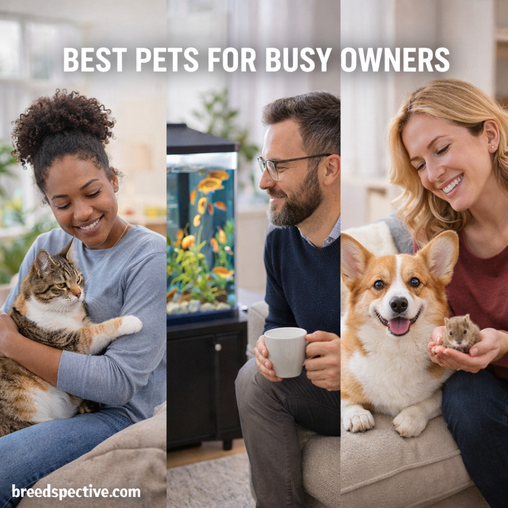People with low-maintenance pets including a cat, fish, small animal, and dog, illustrating ideal pet choices for busy owners.