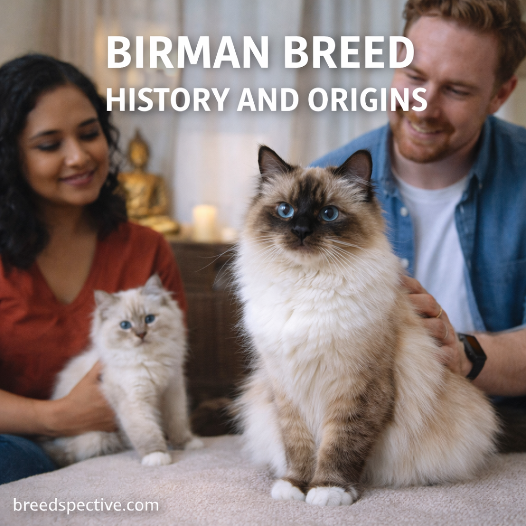 Birman cats with blue eyes shown with diverse owners, representing the breed’s history, origins, and sacred-cat heritage.