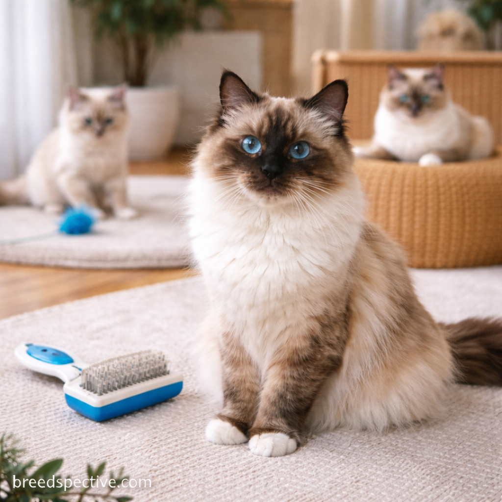 Birman cats of different ages indoors with grooming tools visible, showing coat condition and routine brushing needs.