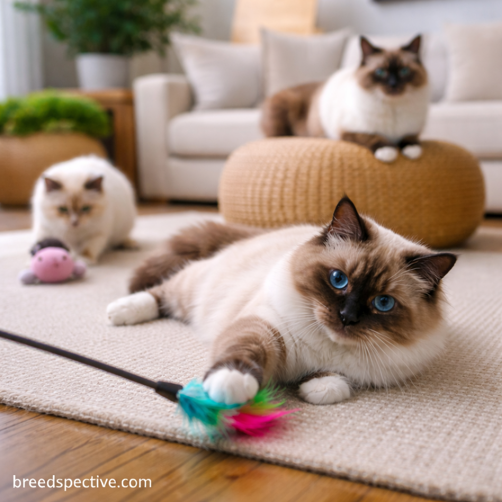 Birman cats of different ages playing with toys indoors, showing the breed’s moderate energy level and gentle play style.