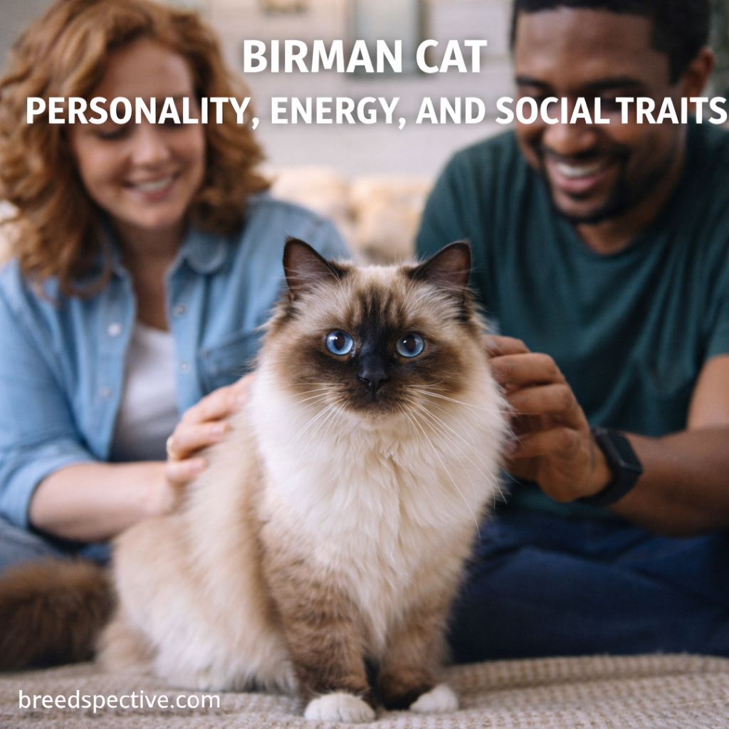 Birman cat with blue eyes being gently petted by diverse owners, illustrating the breed’s calm personality and social nature.