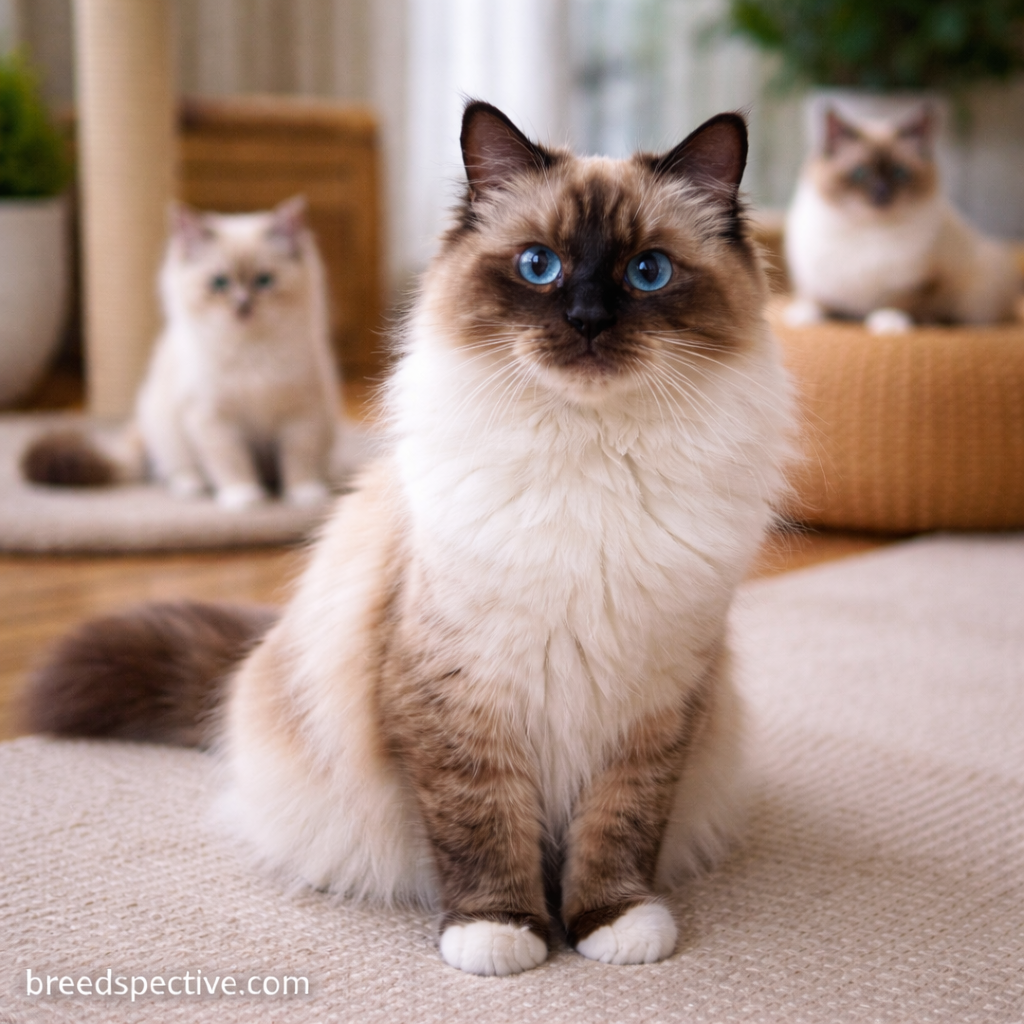 Birman cats of different ages resting indoors, highlighting the breed’s legendary origins and distinctive blue eyes and white paws.