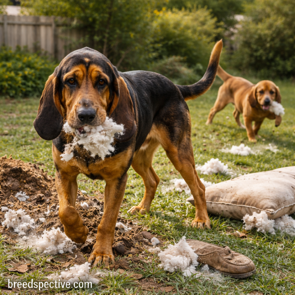 Bloodhounds of different ages engaging in destructive behavior caused by boredom in a backyard.