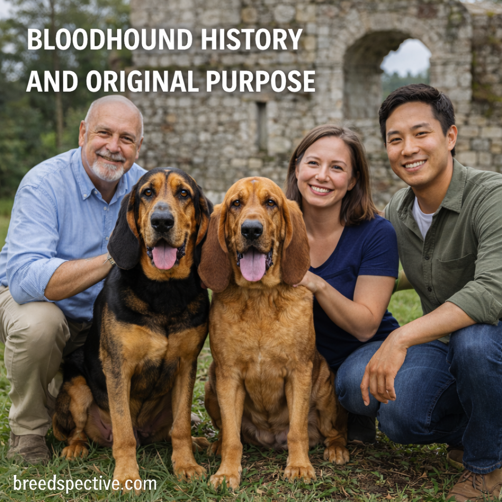 Bloodhounds with handlers in a historic outdoor setting representing the breed’s tracking history and original purpose.