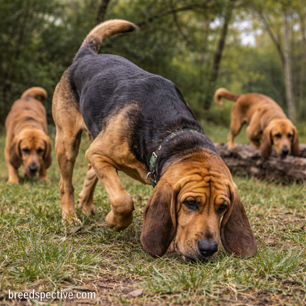 Bloodhounds of different ages following scent trails in a wooded outdoor environment.