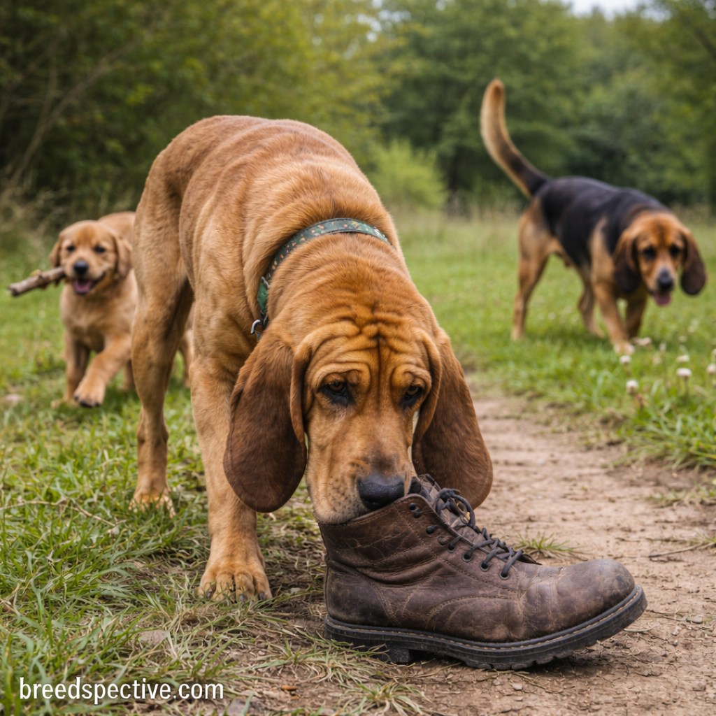 Bloodhounds of different ages following a scent trail outdoors, demonstrating historic tracking instincts.