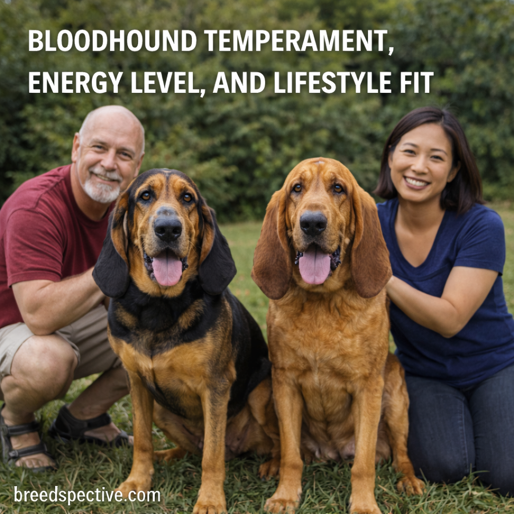 Bloodhounds with owners outdoors illustrating the breed’s temperament, energy level, and lifestyle needs.