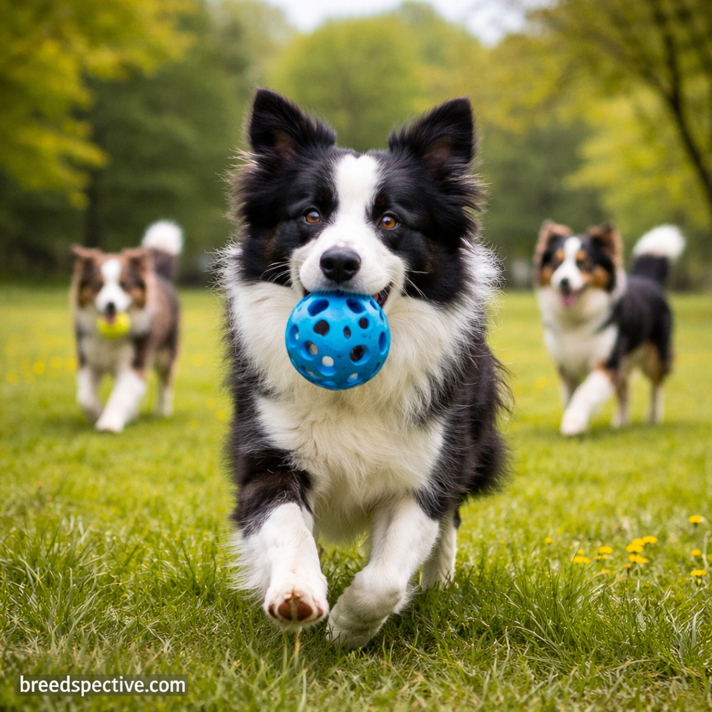 Border Collies of different ages playing and fetching outdoors, showing the breed’s high energy level.