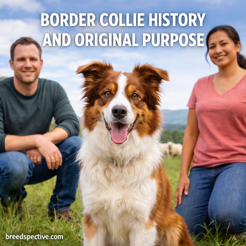 Border Collie with owners in a rural setting, representing the breed’s history and original herding purpose.