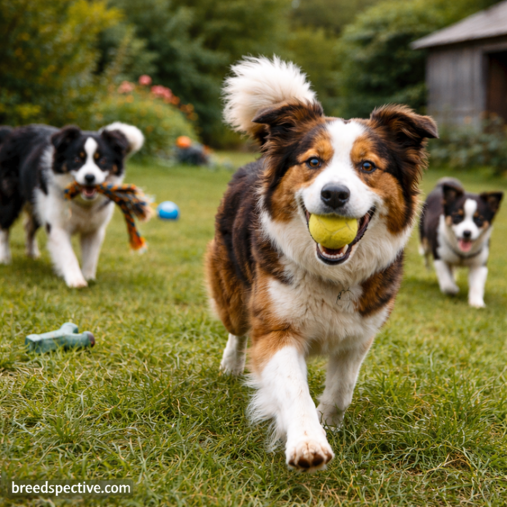 Border Collies of different ages running and playing outdoors, showing the breed’s high energy and hyperactivity.