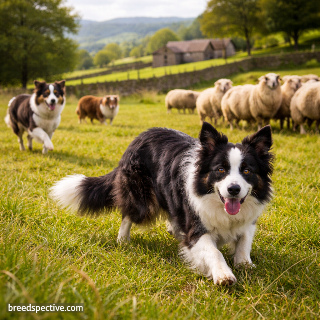 Border Collies herding sheep in a rural landscape, showing the breed’s original working purpose.