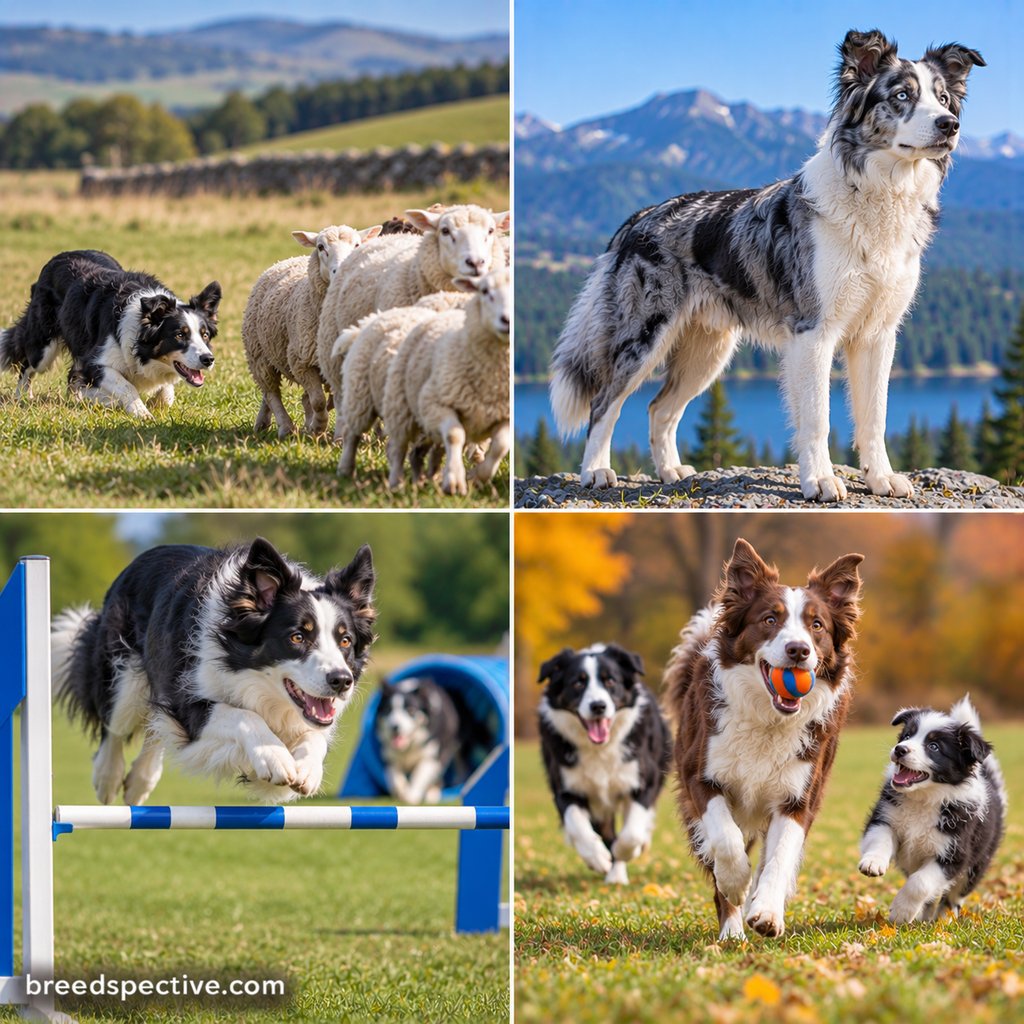 Border Collies herding sheep, displaying their athletic build, competing in agility, and playing fetch outdoors at different ages.